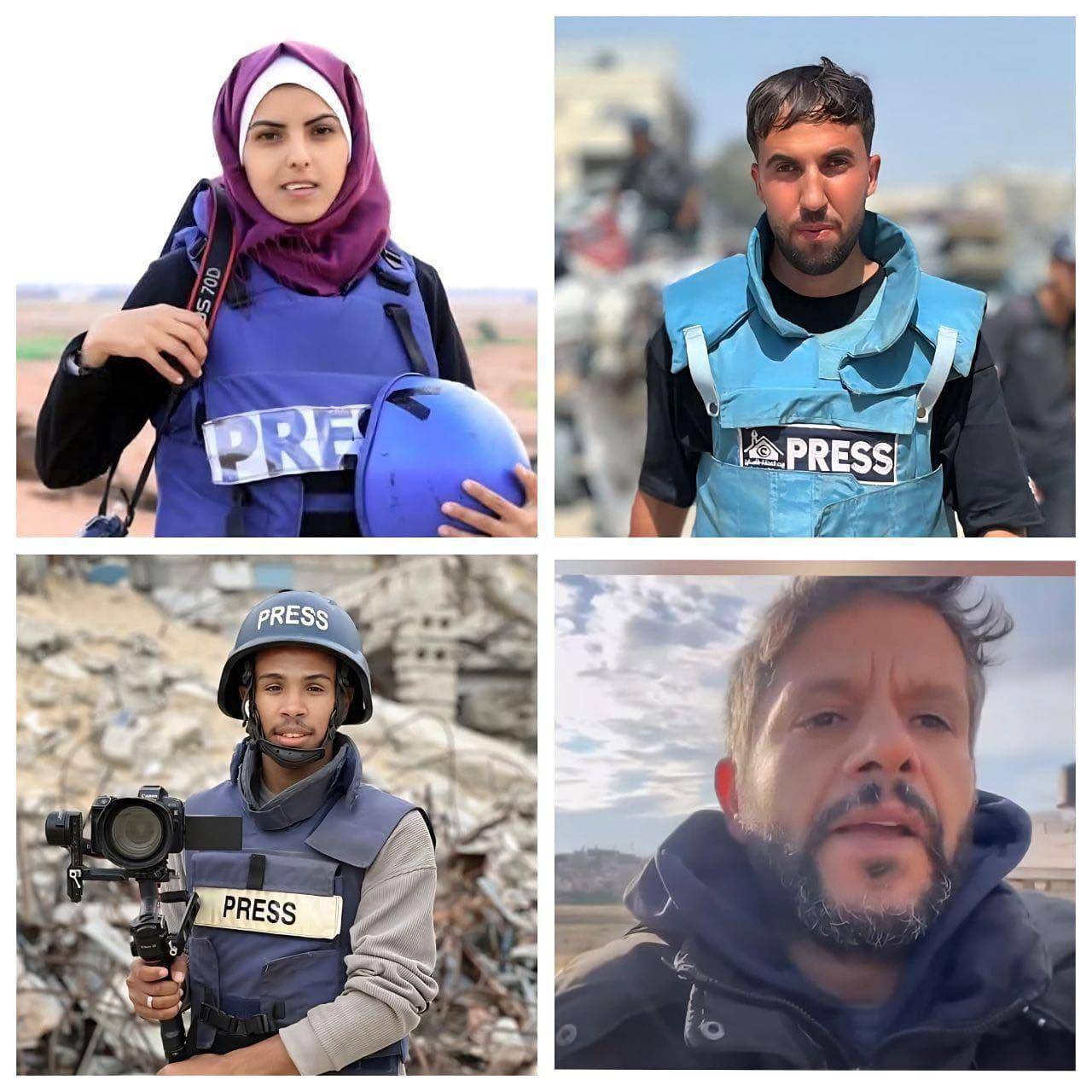 صورة نشرتها نقابة الصحافيين الفلسطينيين للصحافيين الأربعة الذين قتلوا اليوم في قصف إسرائيلي على مجمع ناصر الطبي من اليسار مريم أبو دقة معاذ أبو طه محمد سلامة وحسام المصري