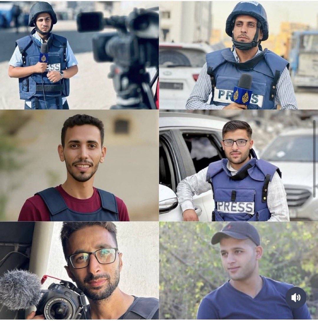 صورة مجمعة لصحافيي «الجزيرة» الذين قُتلوا الأحد في غارة إسرائيلية على خيمة قرب مستشفى الشفاء (إكس)