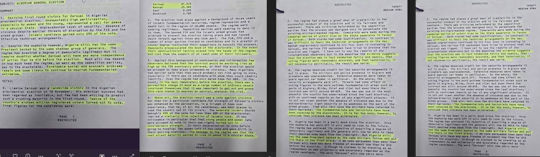 نسخة من وثيقة بريطانية عن نتائج الانتخابات الجزائرية عام 1995 (الشرق الأوسط)