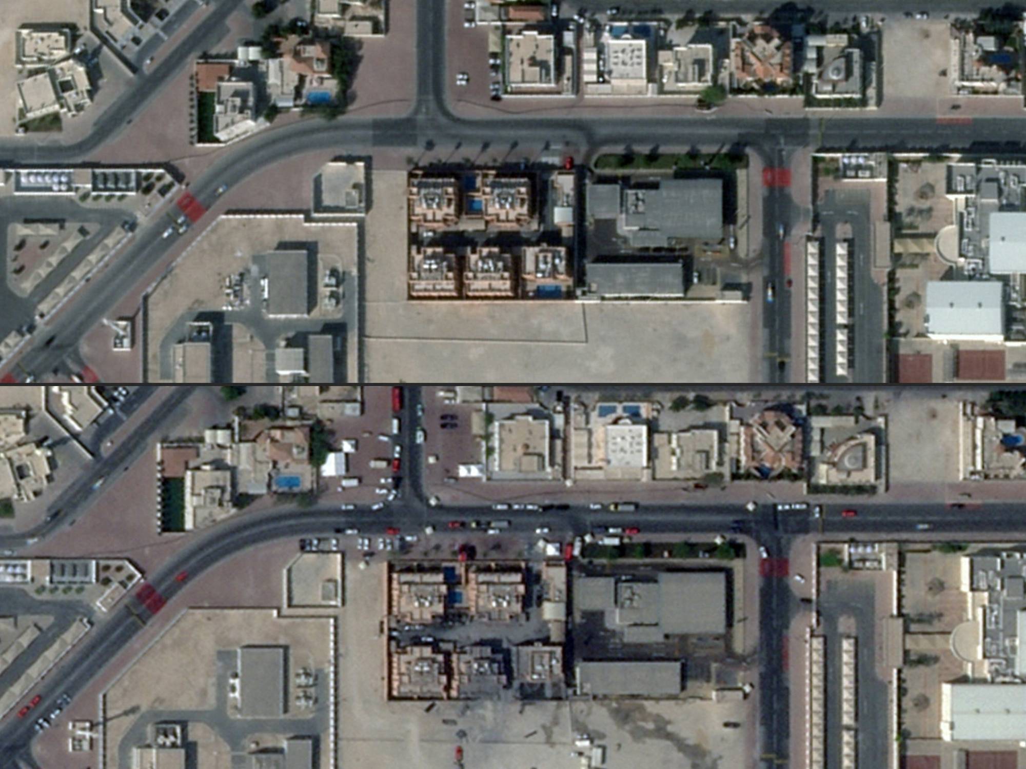 تُظهر هذه الصورة المركبة مجمعاً في العاصمة القطرية الدوحة في 24 يناير 2025 (أعلى) و(أسفل) بعد استهداف المجمع في غارة إسرائيلية ضد قادة «حماس» في سبتمبر من نفس العام(أ.ف.ب)