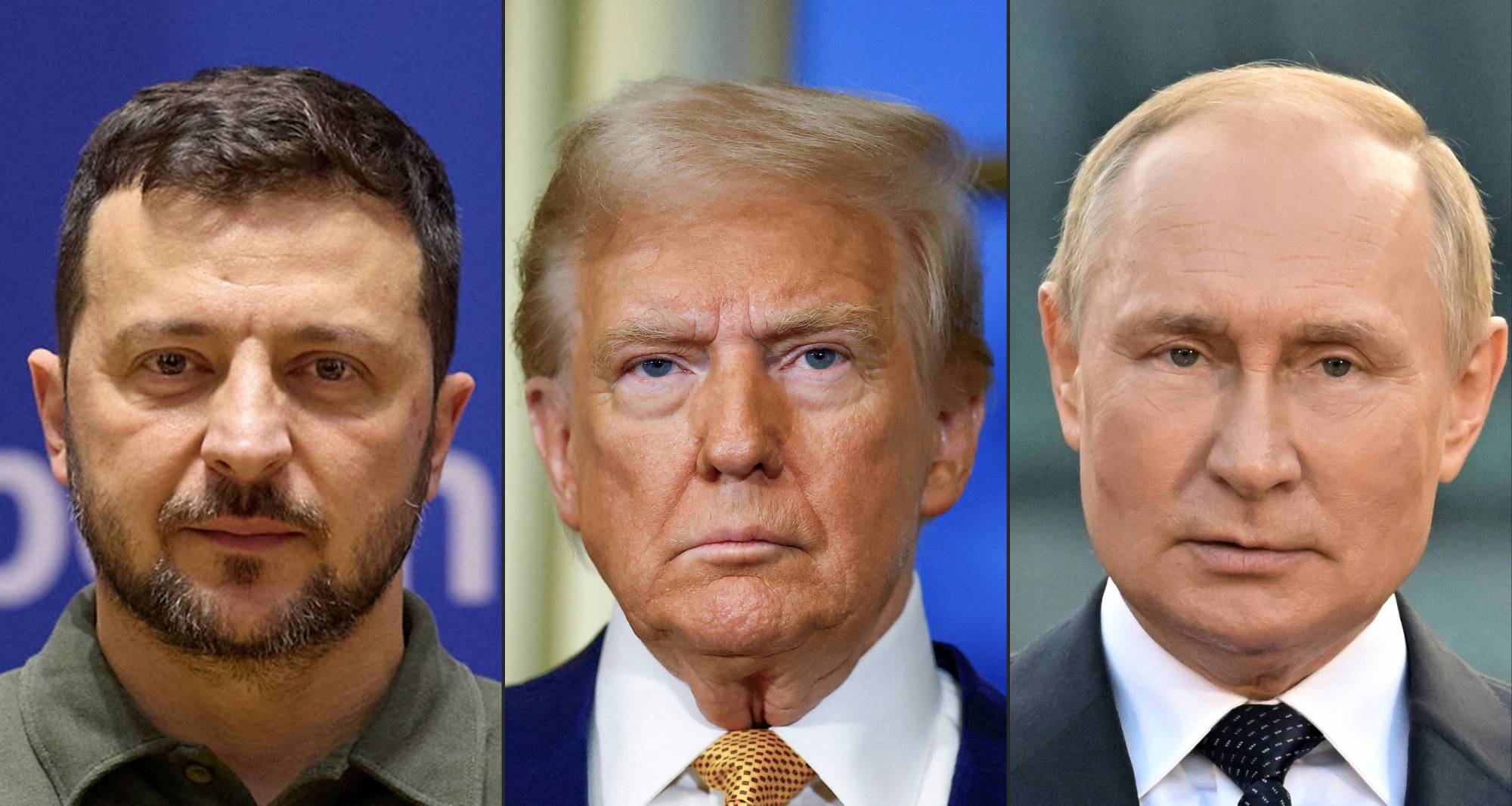 Rusya Devlet Başkanı Vladimir Putin (sağda), ABD Başkanı Donald Trump (ortada) ve Ukrayna Devlet Başkanı Volodimir Zelenskiy (sol), (AFP)