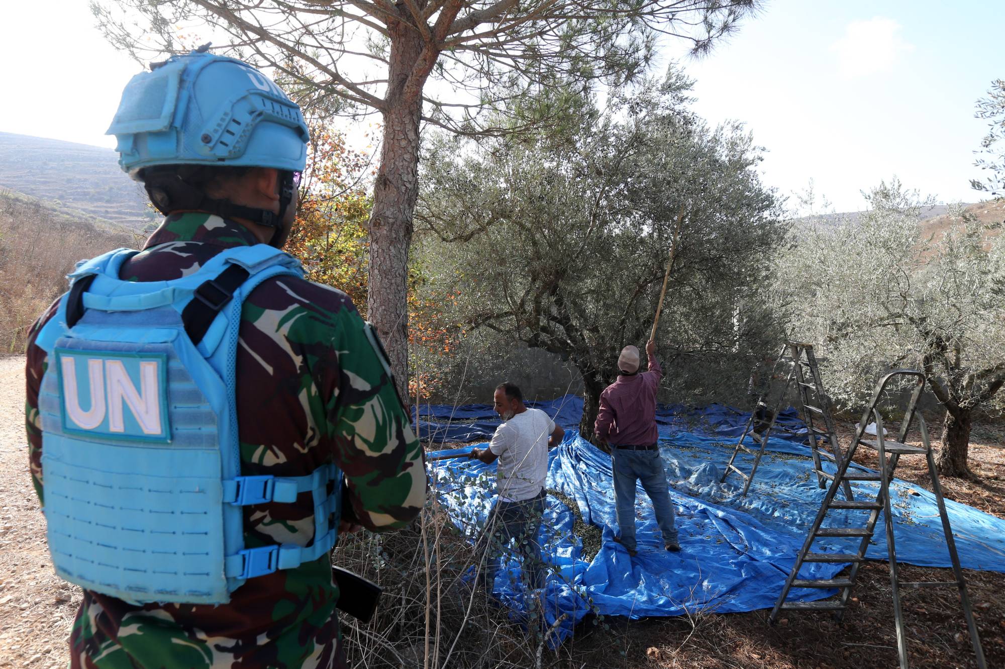  Lübnan'ın güneyindeki el-Adise kasabasında zeytin hasadı yapan çiftçileri izleyen bir UNIFIL askeri (EPA)