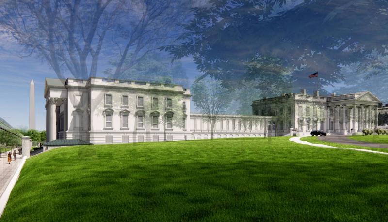 Tasarımlar, balo salonunun güney revakının üzerindeki büyük üçgen alınlığın, önceki planlarda yer alsa da artık kaldırıldığını ortaya çıkardı (Shalom Baranes Associates)