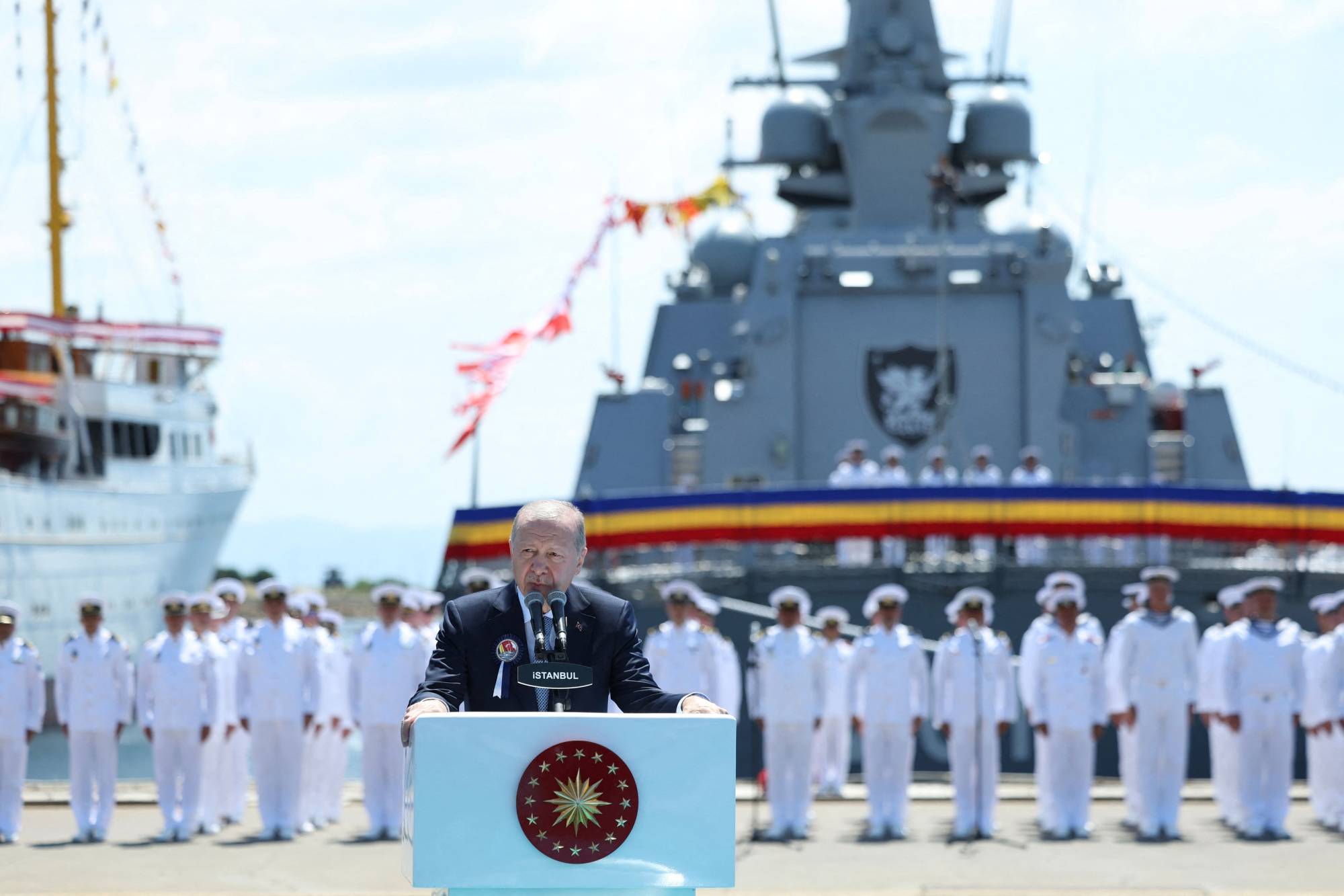 Türkiye Cumhurbaşkanı Recep Tayyip Erdoğan, 20 Haziran 2026'da İstanbul Tersane Komutanlığı'nda düzenlenen bir etkinlikte konuşma yaptı (AFP)