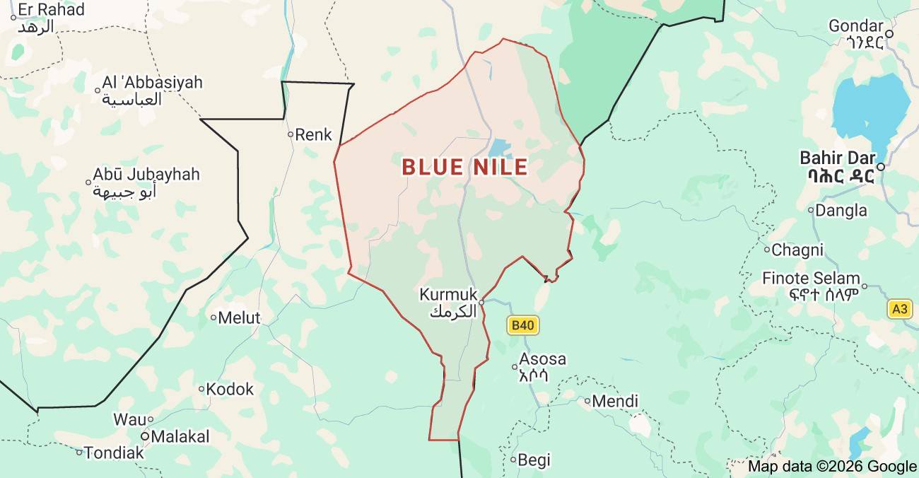 Sudan’ın Mavi Nil eyaletinde Kurmuk kentinin konumunu gösteren harita.