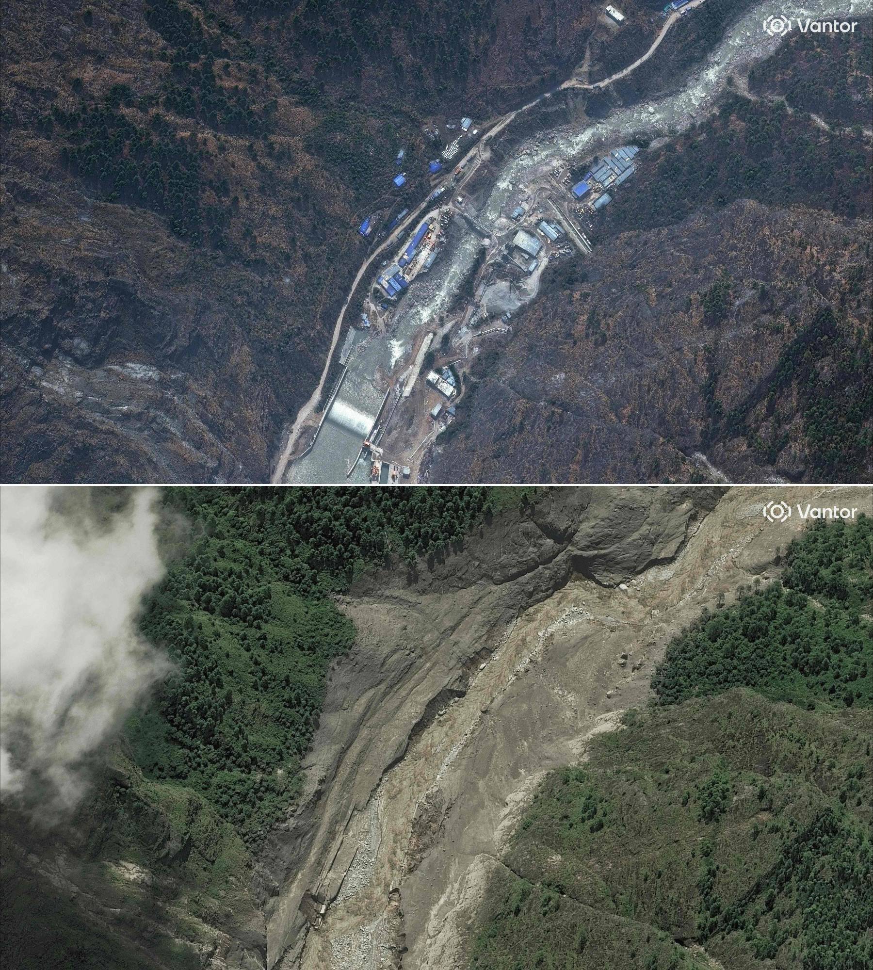 Nepal’in kuzeyindeki Rasuva bölgesinde Trishuli Nehri üzerindeki Rasuagadhi Hidroelektrik Santrali’nin 19 Nisan 2024’teki görünümü (üstte) ve sellerin ardından 28 Ağustos 2026’daki hali (AFP)