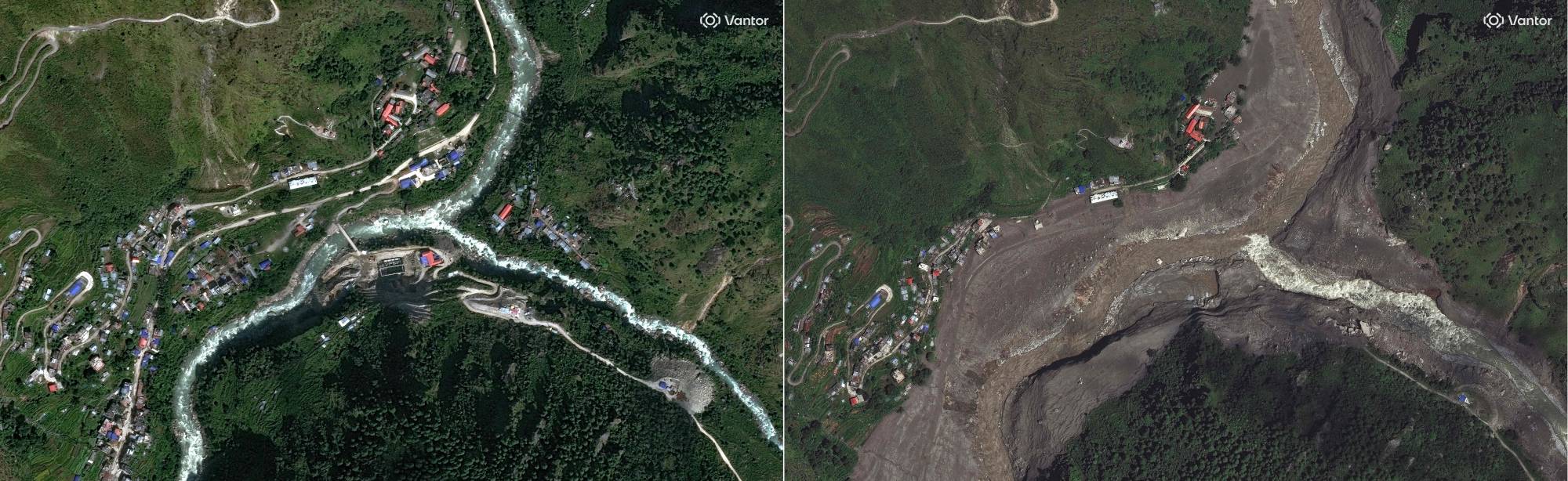 Foto  Nepal’in kuzeyindeki Rasuva bölgesinde bulunan dağlık Syabru Besi köyünün sel öncesi görüntüsü (solda) ve sel sonrası görüntüsü (sağda) (AFP)