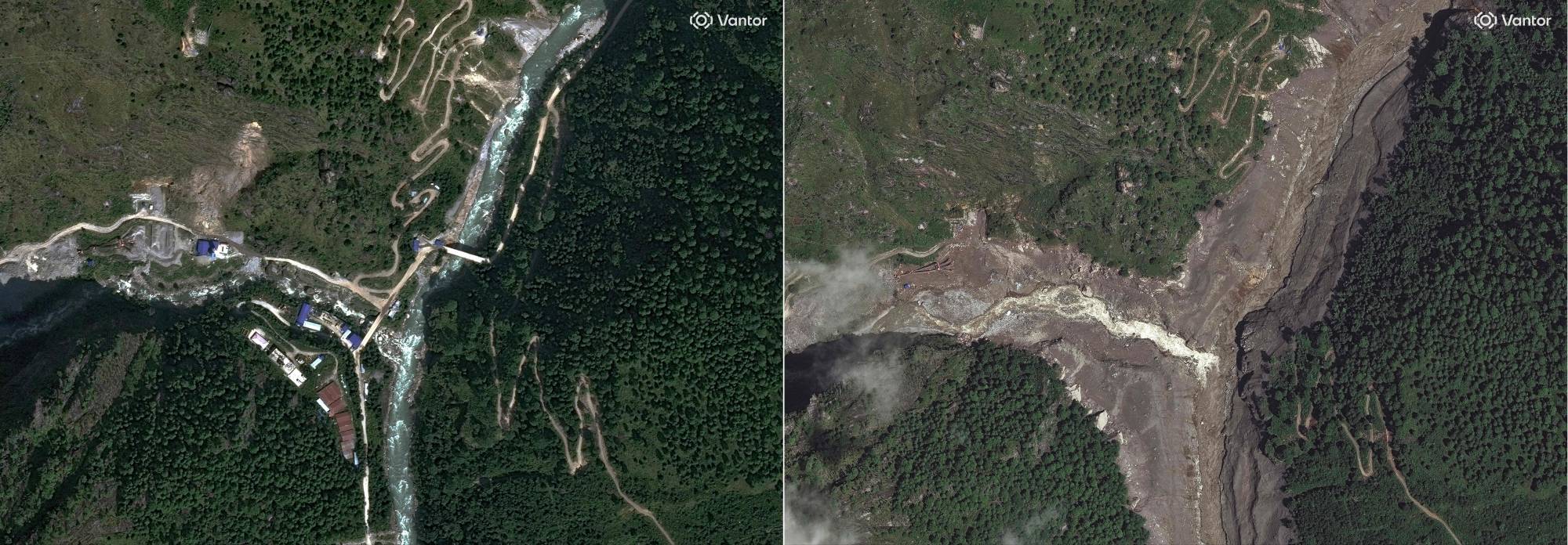  Trishuli Nehri boyunca uzanan köprü ve binaların sel öncesi görüntüsü (solda) ve sellerin ardından çekilen uydu görüntüsü (sağda) (AFP)