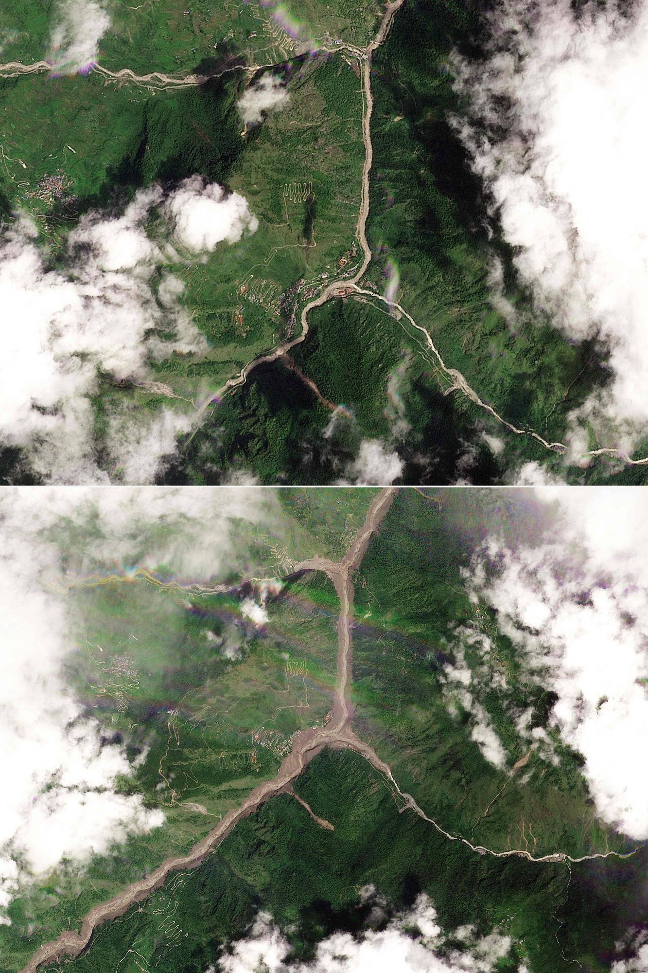Nepal’in Rasuva bölgesindeki Syafrubesi köyü ve Trishuli Nehri’nin sel öncesi (üstte) ve sel sonrası hava görüntüsü (Planet Labs- AFP)