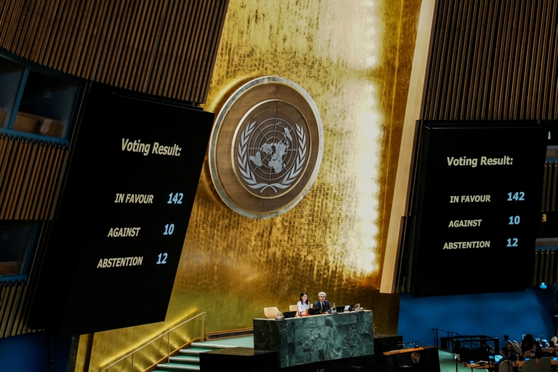  Ekranlarda, ABD, New York'taki BM Genel Merkezi'nde Filistin meselesi ve iki devletli çözümün uygulanması konusunda oy kullanan BM Genel Kurulu üyelerinin oy sayıları görünüyor, Eylül 2025 (Reuters)