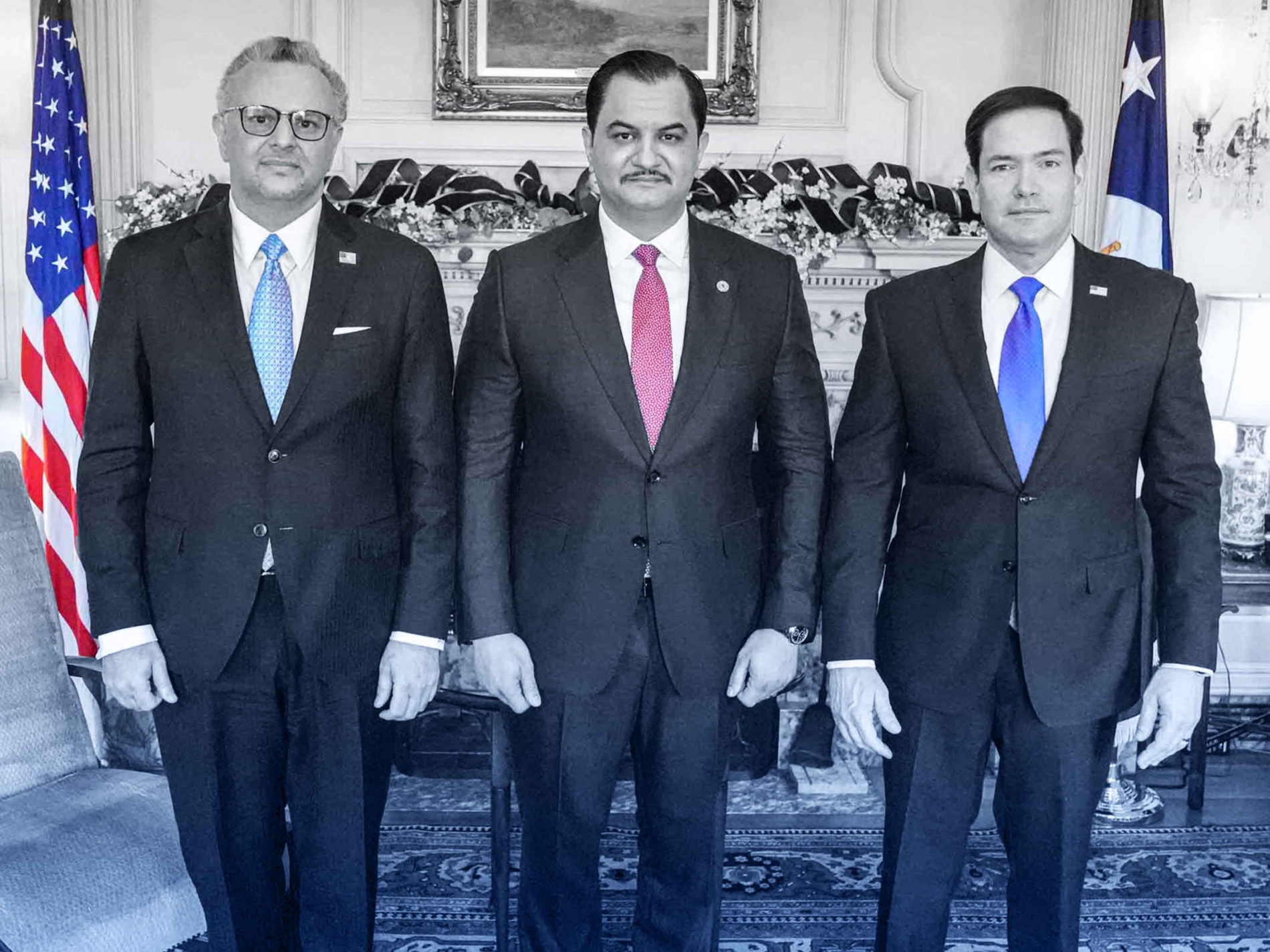 ABD Dışişleri Bakanı Marco Rubio, Libya Ulusal Ordusu Komutan Yardımcısı Saddam Hafter ve Trump’ın Kıdemli Danışmanı Massad Boulos (@US_SrAdvisorAF/X)