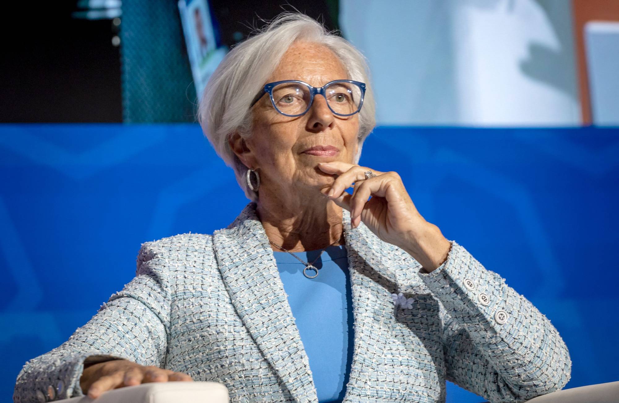 (FOTO ALTI) Avrupa Merkez Bankası Başkanı Christine Lagarde, Dünya Bankası ve IMF’nin Marakeş'teki yıllık toplantılarına katılımı sırasında görüntülendi. (AFP)