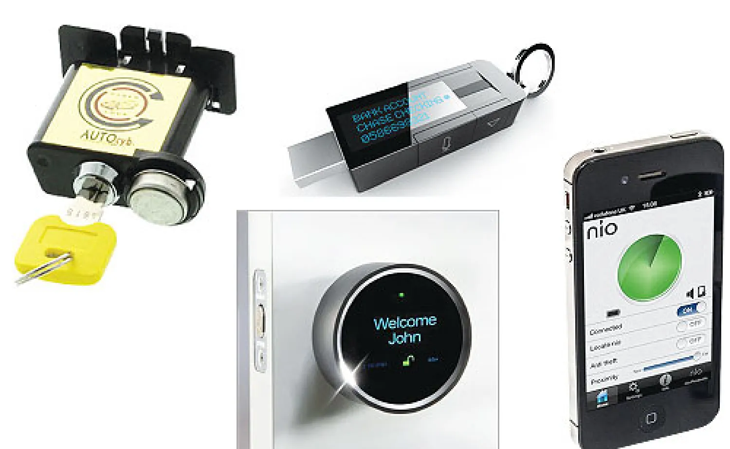 أداة «نيو» لحماية الهواتف, قفل «غوجي» الإلكتروني, مفتاح التعريف بالهوية «ماي آي دي كي, مفتاح «أوتوسي بي»