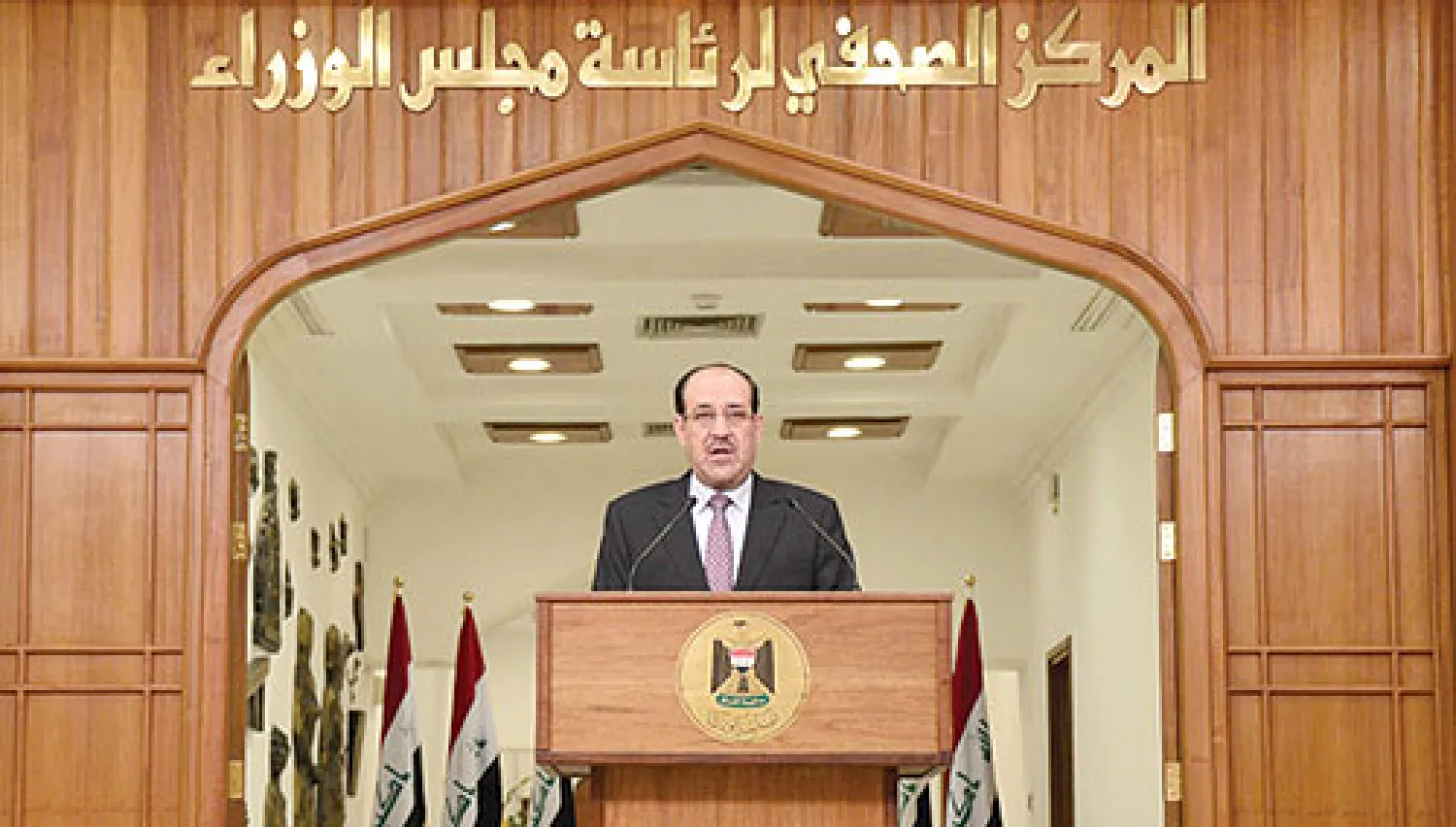 صورة من موقع رئاسة الوزراء العراقية لرئيس الحكومة نوري المالكي وهو يلقي كلمته الأسبوعية أمس