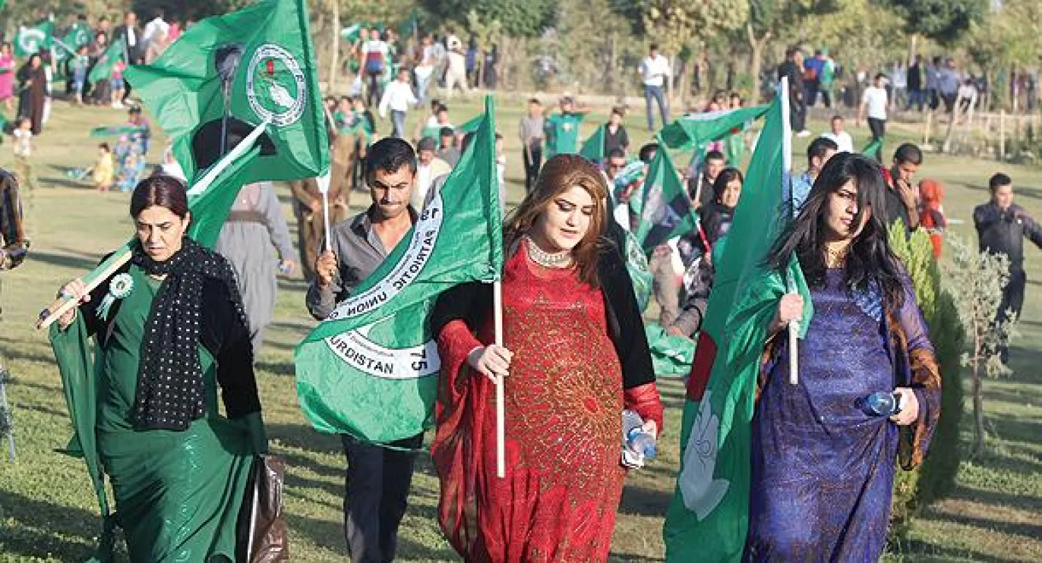 جانب من تجمع انتخابي لحزب الاتحاد الوطني الكردستاني بالسليمانية في 19 سبتمبر الحالي (أ.ف.ب)