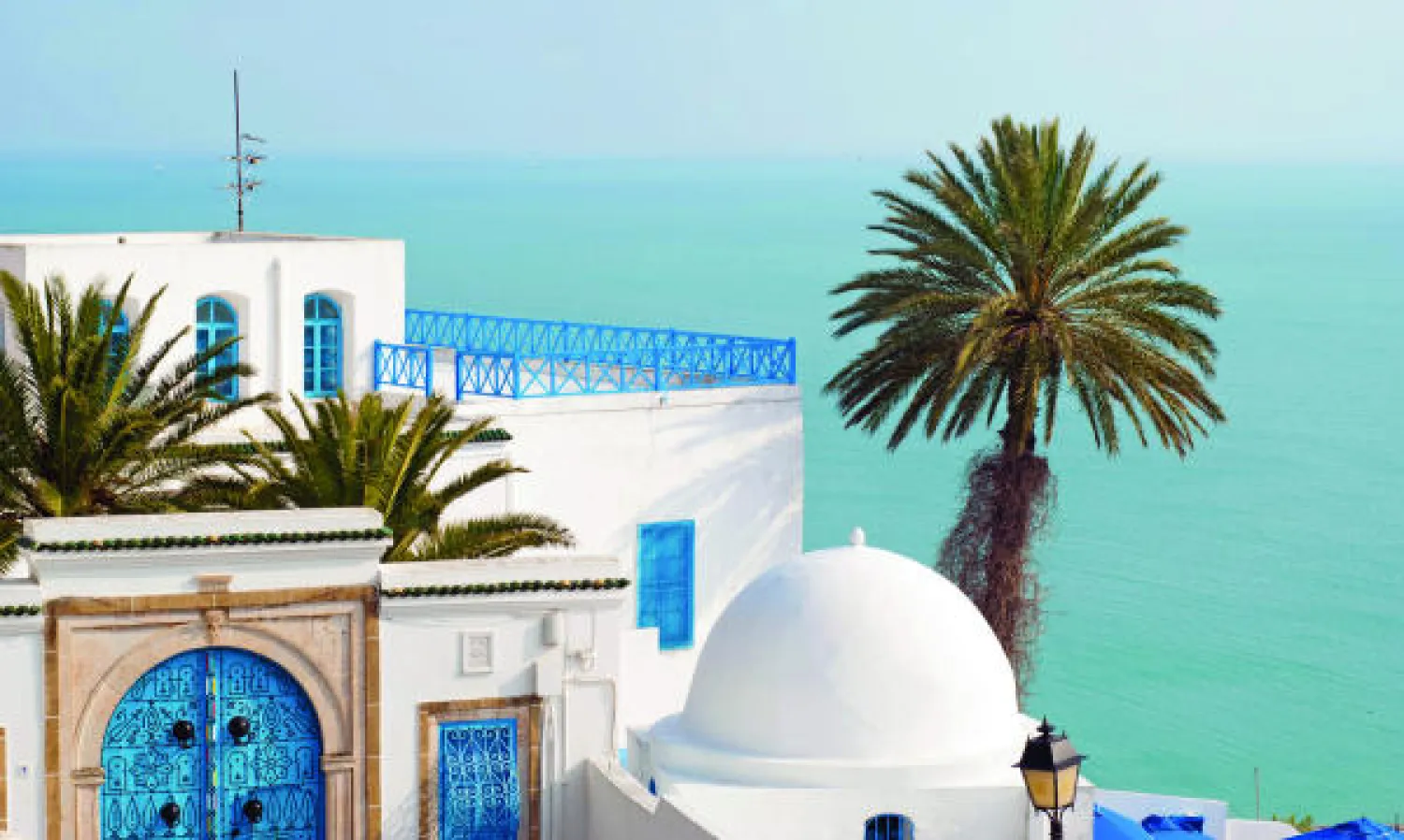 جانب من العقارات في منطقة سيدي بوسعيد بتونس المشهورة بطابعها المعماري المميز