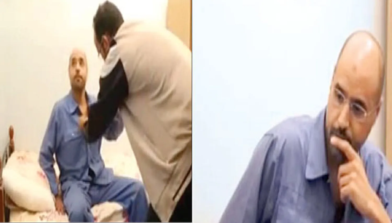 سيف الإسلام كما بدا في لقطتين بثتهما قناة {العاصمة} الليبية الخاصة أمس ({الشرق الأوسط})