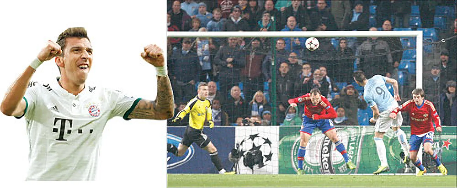 نيغريدو نجم مانشستر سيتي (رقم 9) يتابع تسديدته الرأسية وهي في طريقها لشباك سسكا موسكو (أ.ب) و ماندزوكيتش يحتفل بهدفه الذي قاد بايرن ميونيخ للدور الثاني