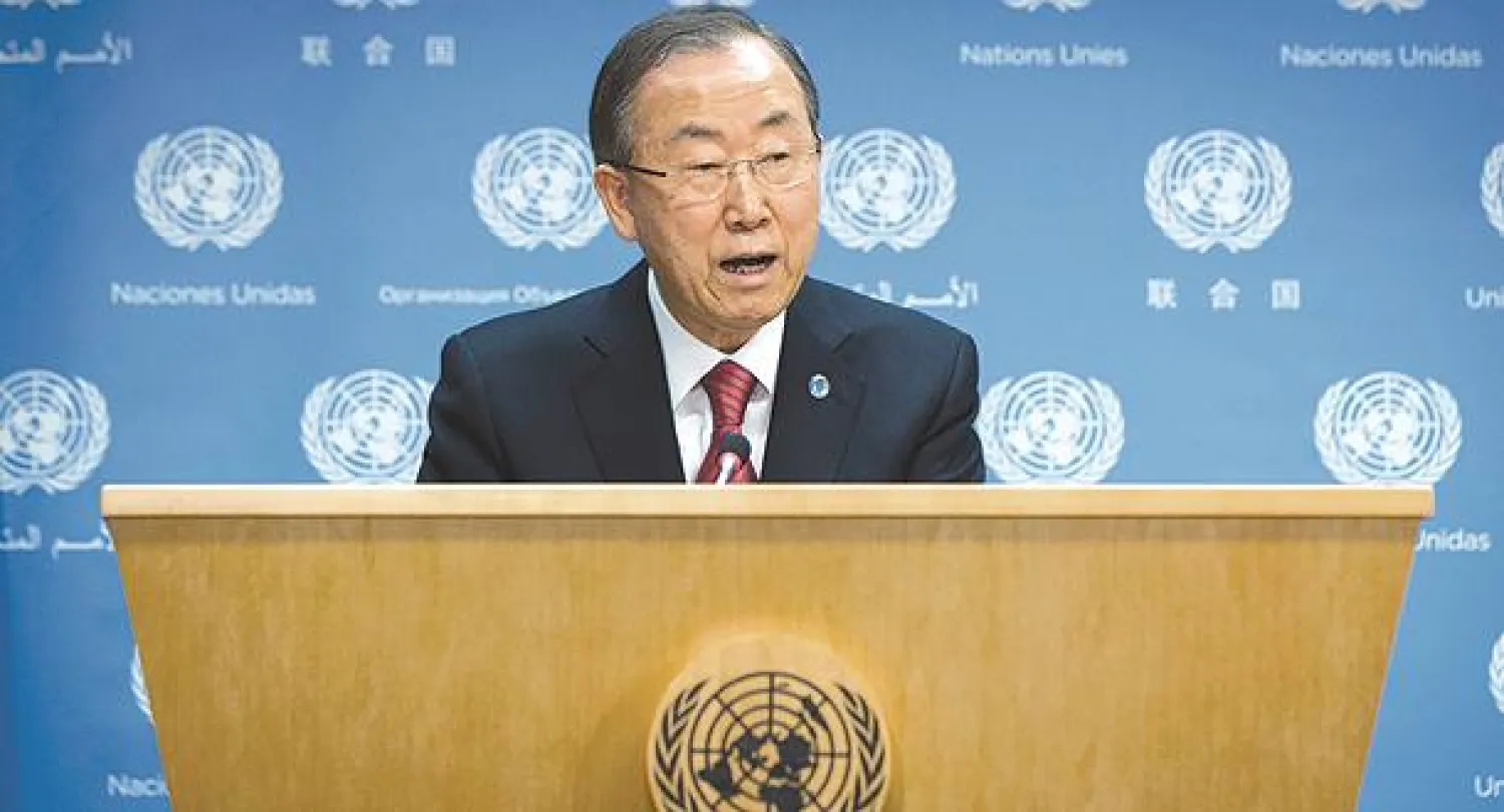 بان كي مون خلال مؤتمر صحافي في نيويورك أعلن فيه موعد مؤتمر السلام حول سوريا أمس (رويترز)