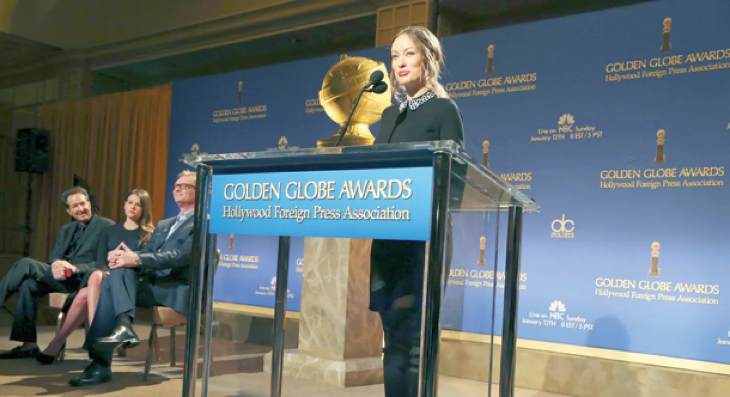 الممثلة أوليفيا وايلد أثناء إعلان قوائم المرشحين لجوائز {غولدن غلوب} في بيفرلي هيلز بولاية كاليفورنيا (رويترز)