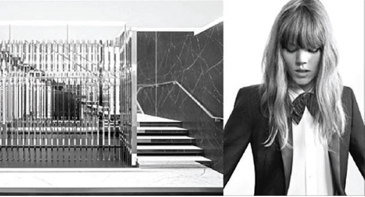 استوحى إيدي سليمان ديكوره من الآرت ديكو والتوكسيدو الذي أبدعه الراحل إيف سان لوران في عام 1966