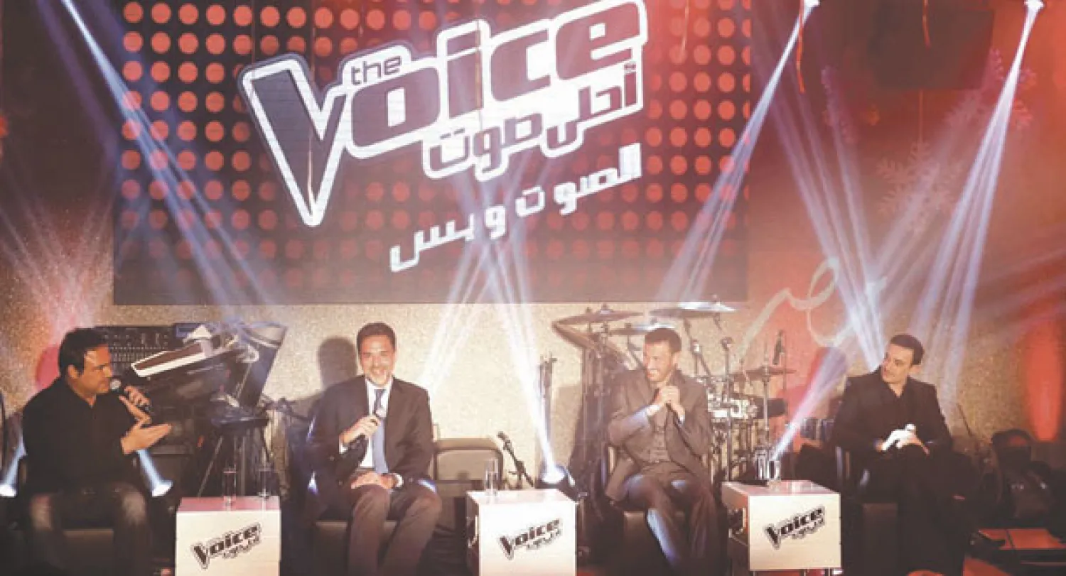 مؤتمر صحافي عقد في بيروت لمجموعة «إم بي سي» الاعلامية، أطلق فيه الموسم الثاني من برنامج الهواة «ذا فويس»، أمس («الشرق الأوسط»)