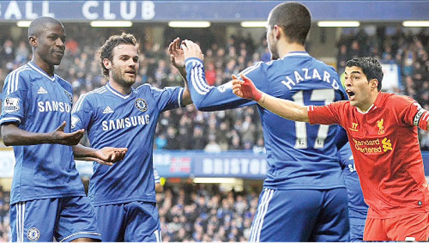 سواريز يسعى لتعويض غيابه عن التهديف في مباراة مان سيتي أول من أمس و تشيلسي يأمل مواصلة مسيرته نحو القمة عندما يواجه ليفربول غدا (إ.ب.أ)