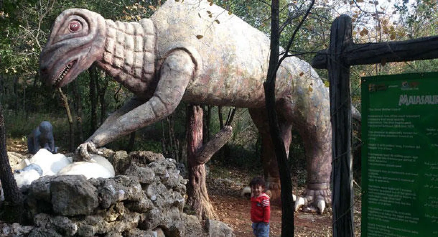 طفل أمام ديناصور داخل الحديقة