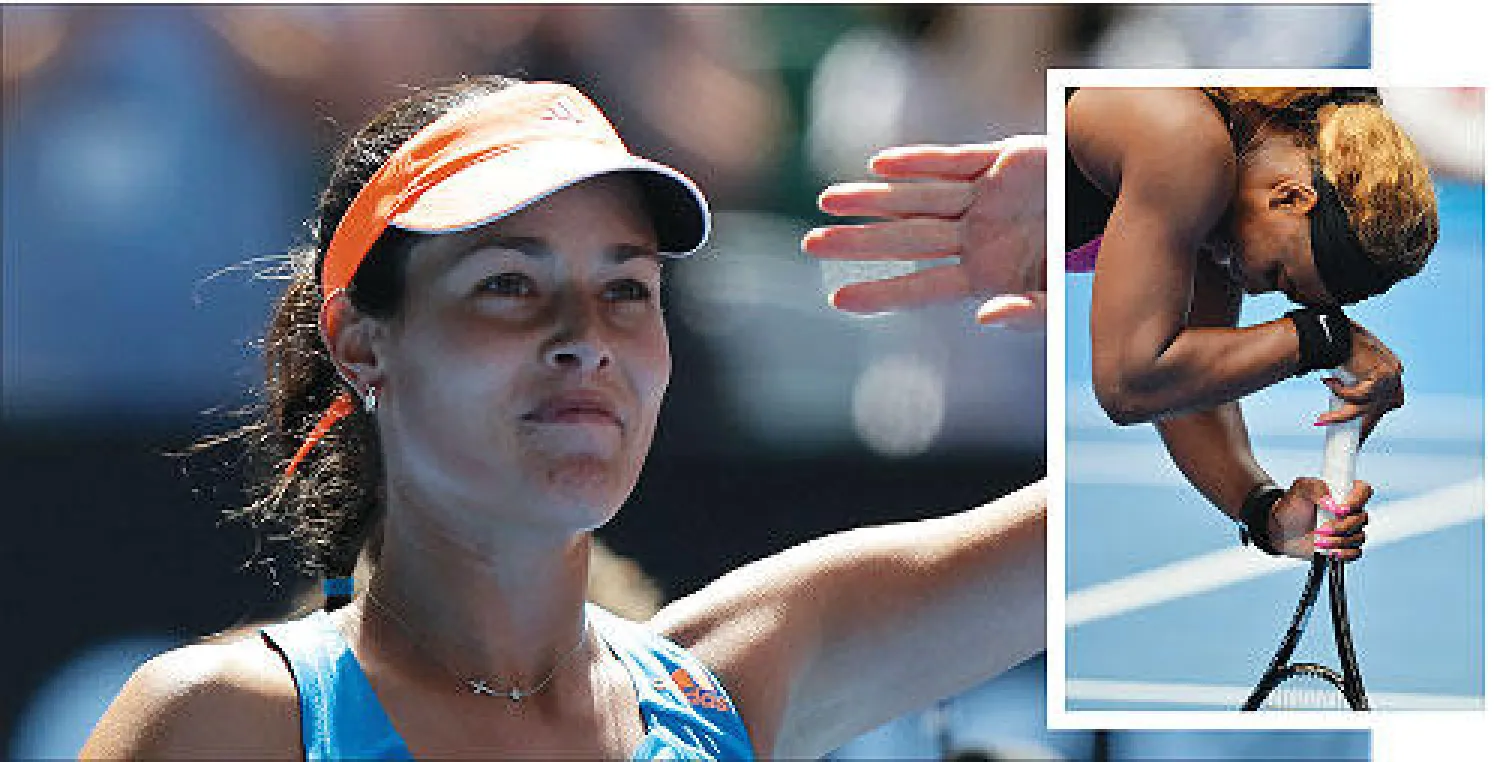 سيرينا تنكس رأسها ومضربها بعد الهزيمة (إ.ب.أ)  و إيفانوفيتش تحيي الجماهير بعد فوزها على سيرينا (إ.ب.أ)