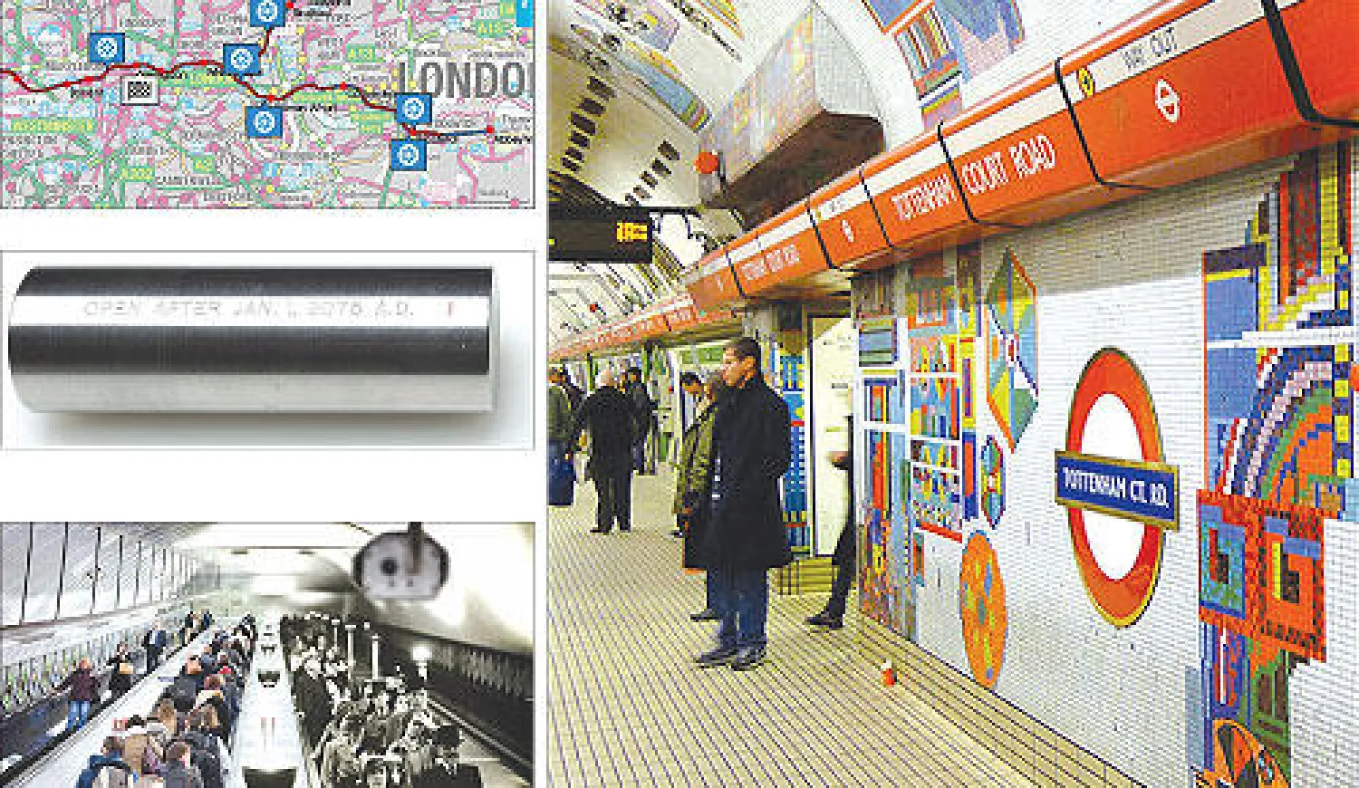 محطة توتنهام كورت رود التي يجري تحديثها حاليا، خريطة تظهر خدمات القطارات تحت الأرض وفوق الأرض، كبسولة الزمن والتي تحتوي على سلسلة من المظاهر التاريخية، لمحة عن الحياة في قطارات الأنفاق.