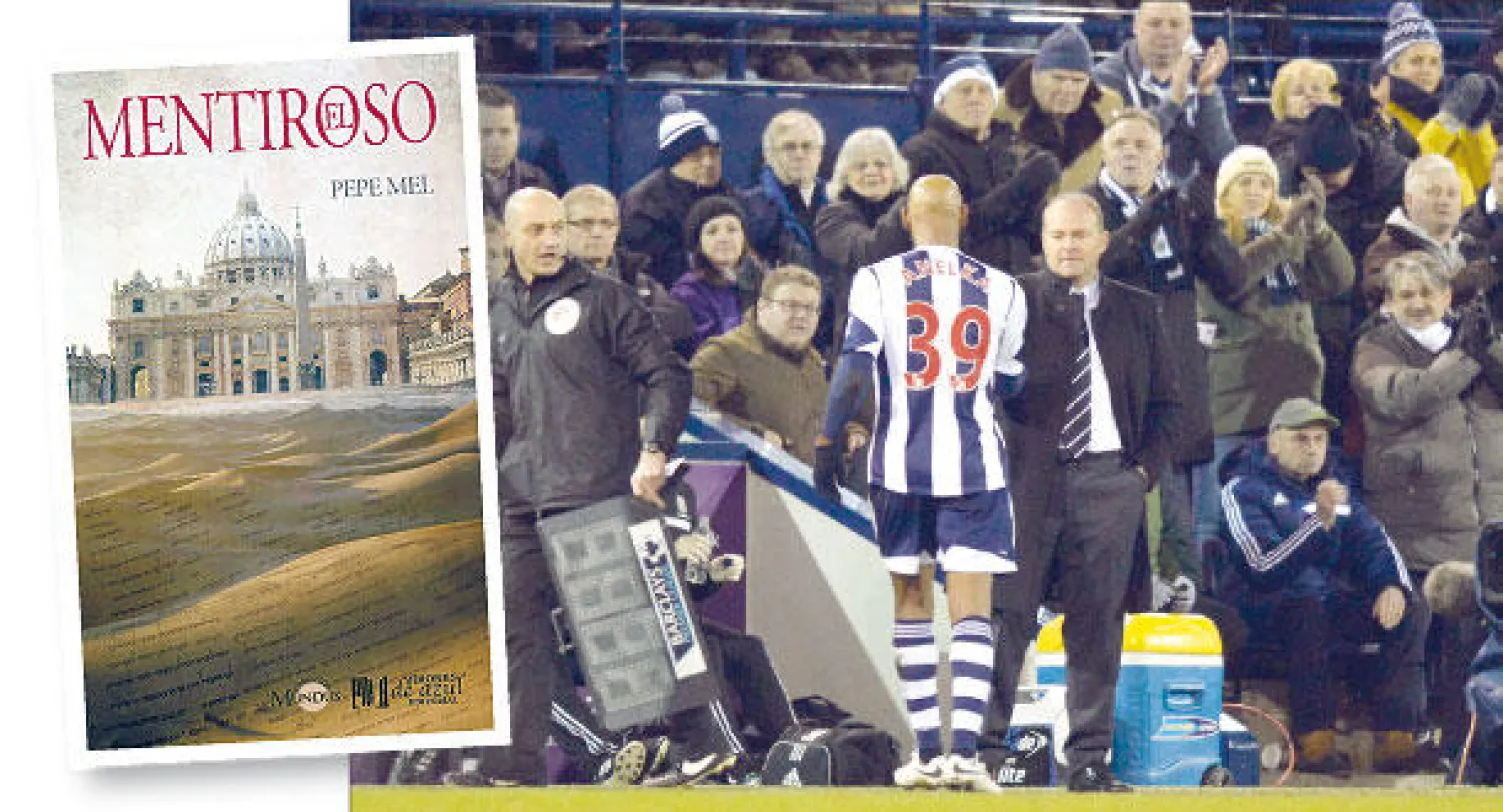 بيبي ميل، المدرب الإسباني الجديد لنادي ويست بروميتش ألبيون، مصافحا اللاعب الفرنسي أنيلكا، أول من امس، في مباراة بروميتش مع إيفرتون (أ.ف.ب)  و غلاف رواية «الكاذب»