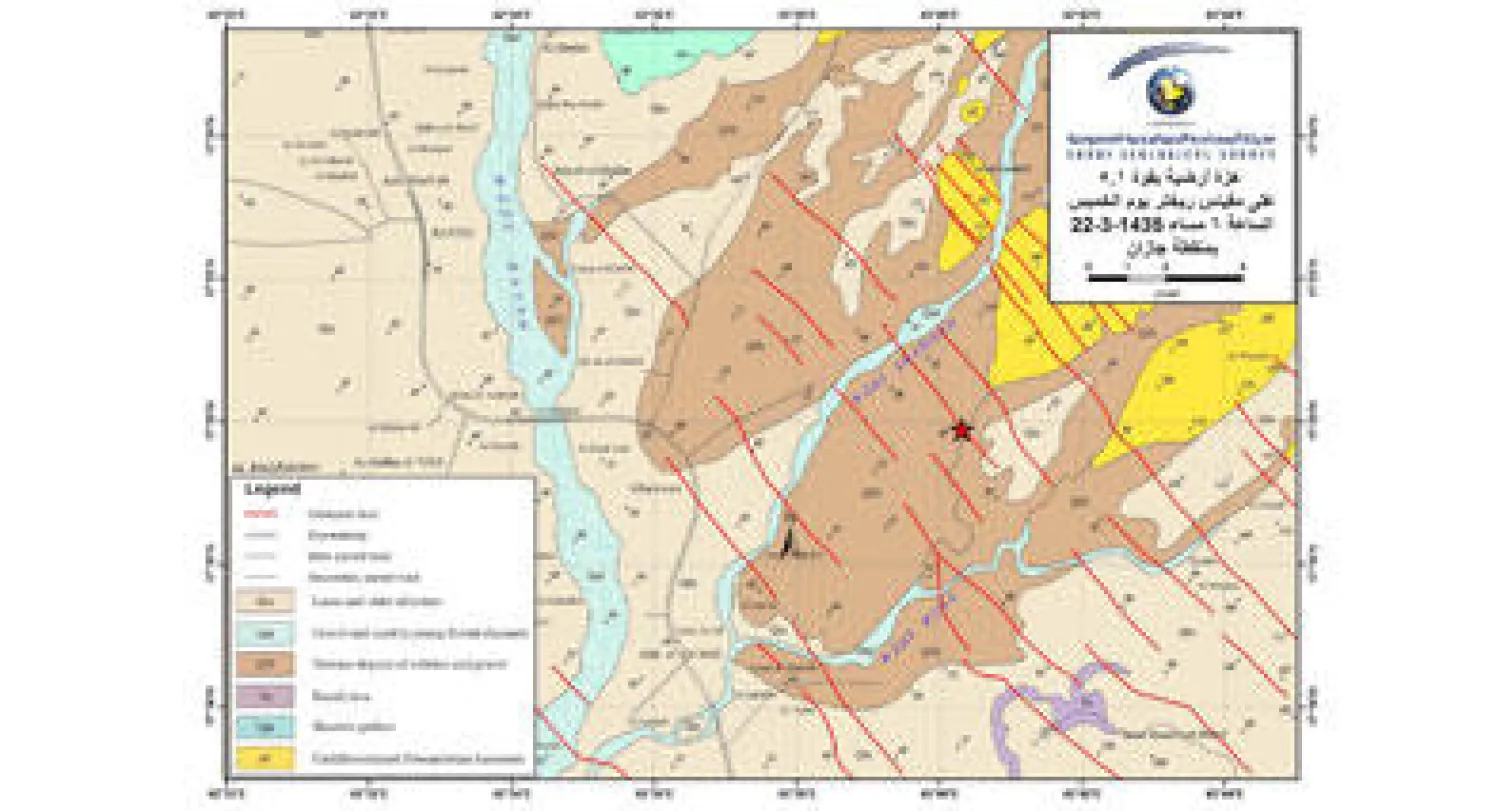 خريطة أصدرتها هيئة المساحة الجيولوجية توضح أثار الهزة التي وقعت في جازان أمس (واس)