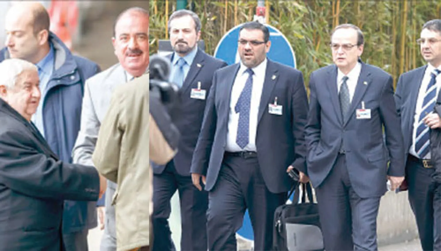 وفد المعارضة السورية ووزير الخارجية وليد المعلم لدى وصولهما صباح أمس إلى مقر الأمم المتحدة في جنيف (أ. ب)
