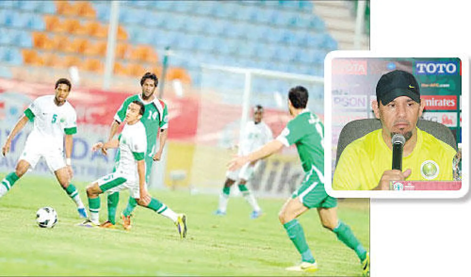 (في الاطار) خالد القروني أثناء المؤتمر الصحافي أمس، و جانب من مباراة السعودية والعراق في دور المجموعات بالبطولة