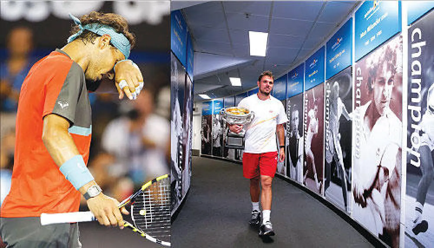 فافرينكا يحمل كأس بطولة أستراليا خلال مروره إلى القاعة بين صور عظماء اللعبة و نادال عانى من آلام في الظهر خلال النهائي (إ.ب.أ)