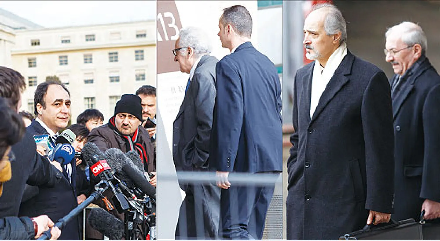 وفد النظام السوري يتقدمه بشار الجعفري يغادر مبنى الأمم المتحدة في جنيف أمس (أ.ب).. والمبعوث الدولي يعود إلى اجتماع بعد استراحة (إ.ب.أ).. وعضو الوفد السوري المعارض منذر أبقيق يدلي بتصريحات للصحافة (إ.ب.أ) 