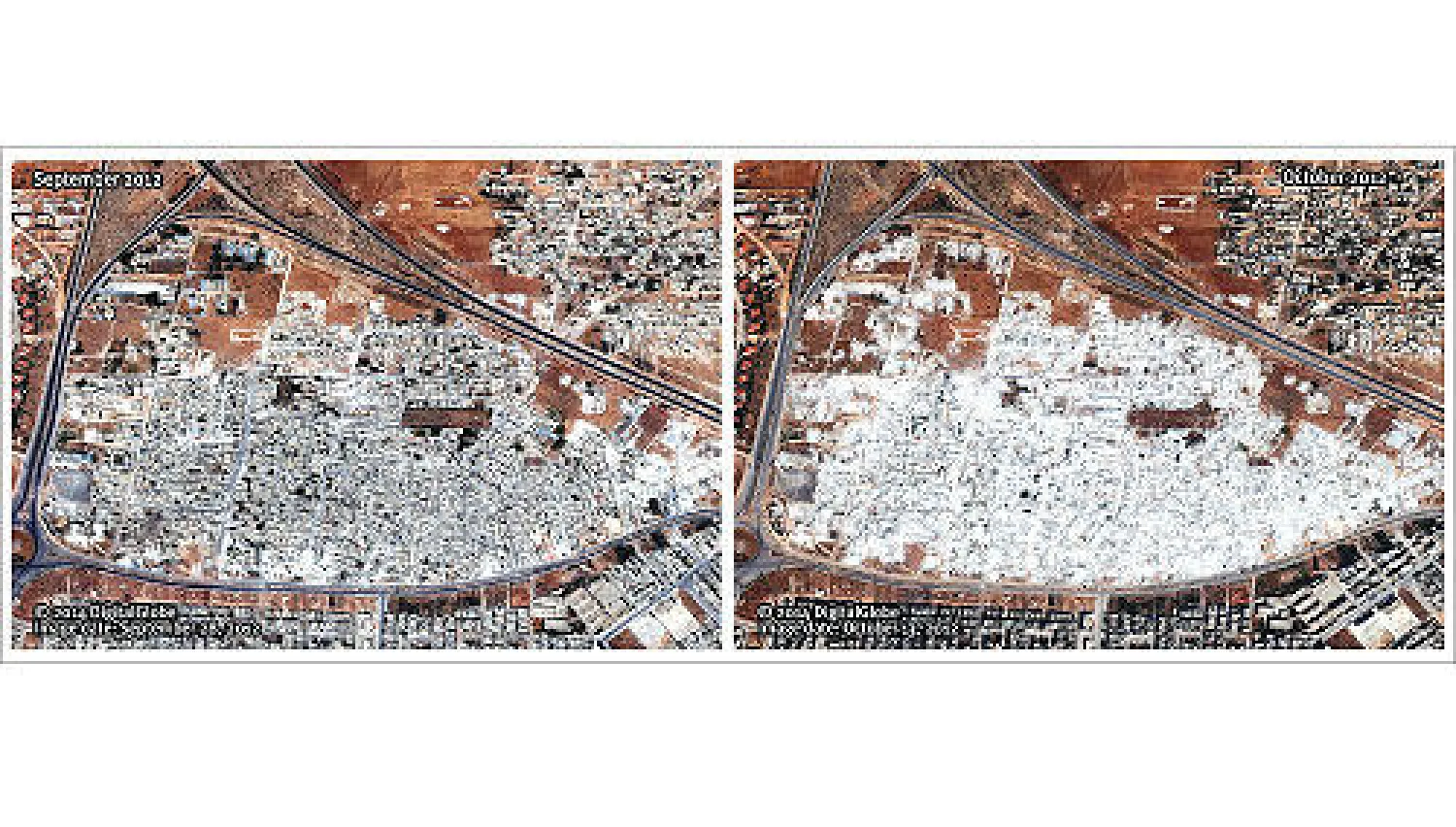 صورتان تظهران الدمار الذي لحق بحي مشاع الأربعين في حماه جراء قصف النظام.. الصورة التي على اليمين تظهر الحي يوم 28 سبتمبر 2012..  وبجانبها صورة لنفس الموقع في أكتوبر من العام نفسه بحسب منظمة هيومان رايتس ووتش (أ.ف.ب)