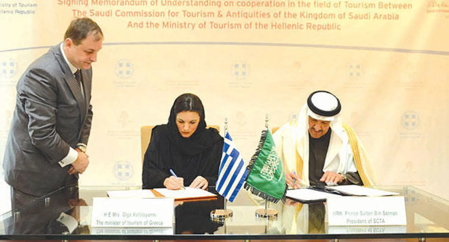 الأمير سلطان بن سلمان وأولغا يفالوياني  خلال توقيع مذكرة التفاهم في الرياض أمس