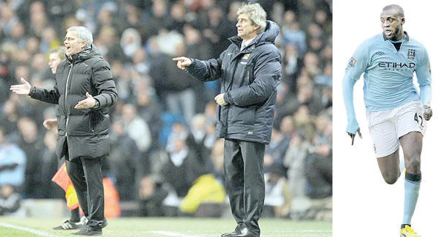 يايا توريه أفلت من عقوبة الإيقاف - مورينهو (يسار) بجانب بيليغريني خلال إدارتهما لمباراة تشيلسي وسيتي الأخيرة (أ.ب)