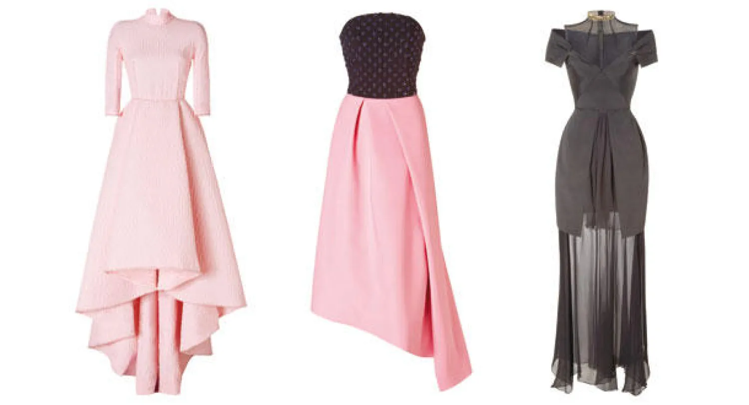 فستان من ماريوس شواب بسعر 1860 جنيها أسترلينيا - من تصميم أوسمان بسعر 2450 جنيها أسترلينيا - فستان لإميليا ويكستيد بسعر 5000 جنيه أسترليني