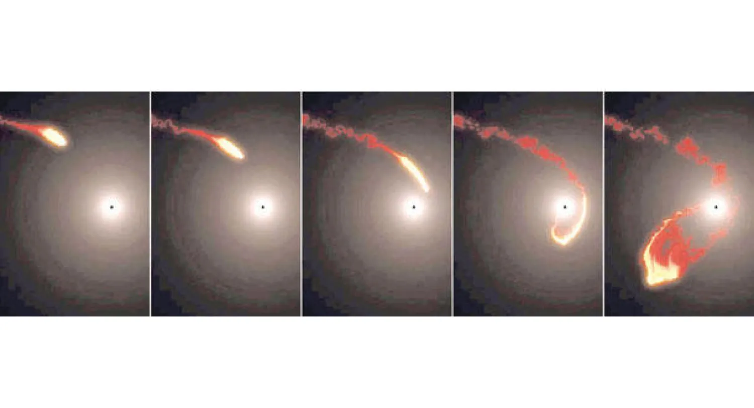 صورة افتراضية لتسلسل عملية تلاقي السحابة الغازية مع الثقب الأسود