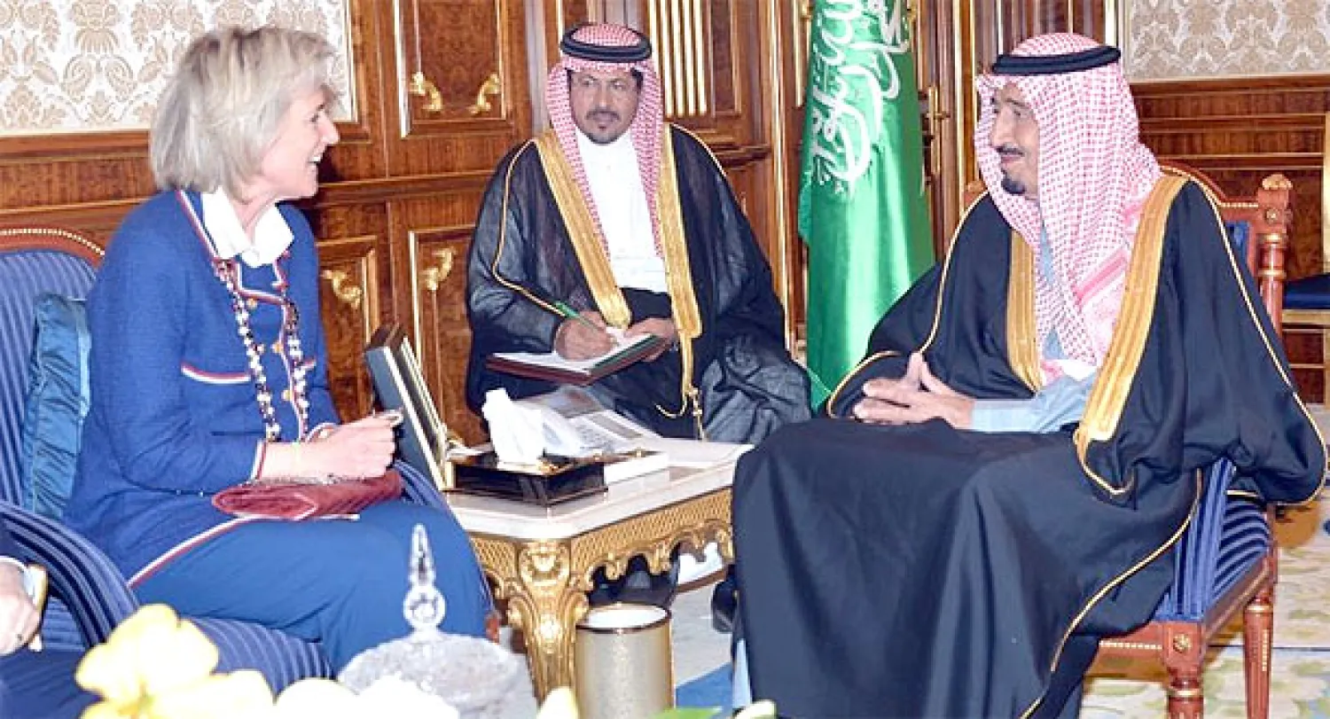 الأمير سلمان لدى استقباله الأميرة أستريد ممثلة ملك بلجيكا اليوم (واس) 