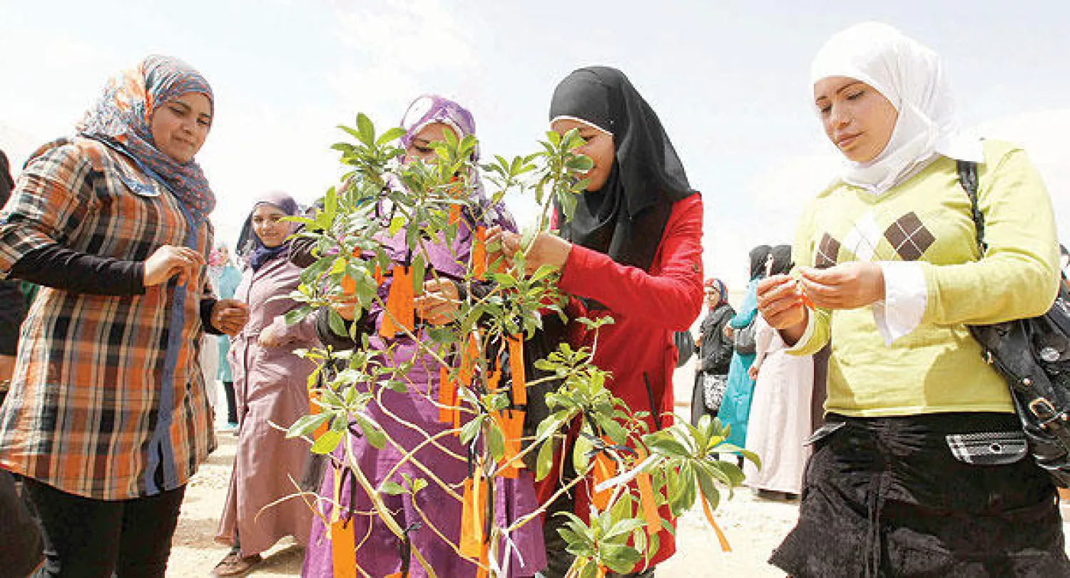 صبيات سوريات يكتبن أمنياتهن ويعلقنها على شجيرة في مخيم الزعتري للاجئين، أمس (رويترز)