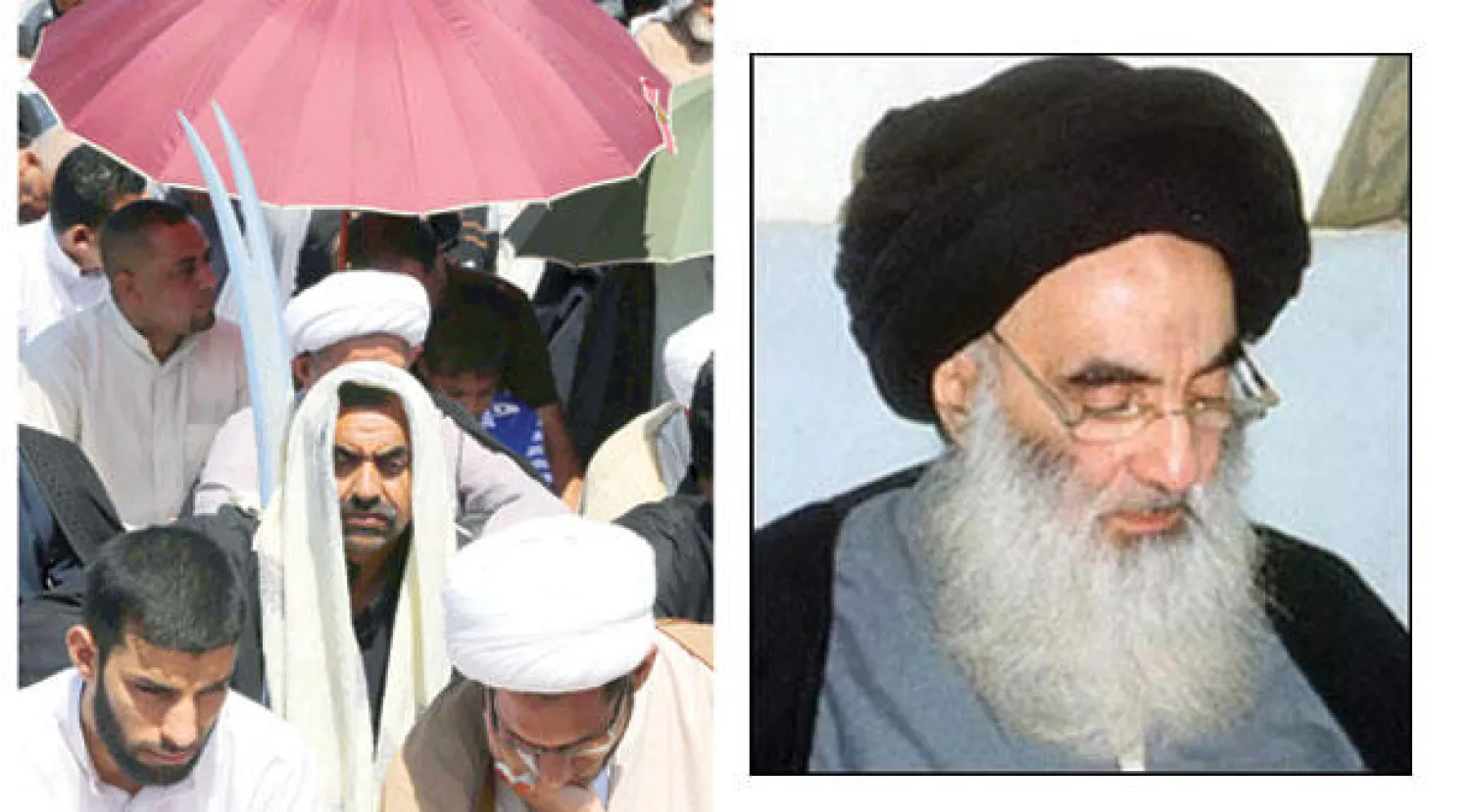 عراقيون يحضرون صلاة الجمعة في مدينة الصدر شرق بغداد أمس و السيستاني في الاطار (أ.ب)