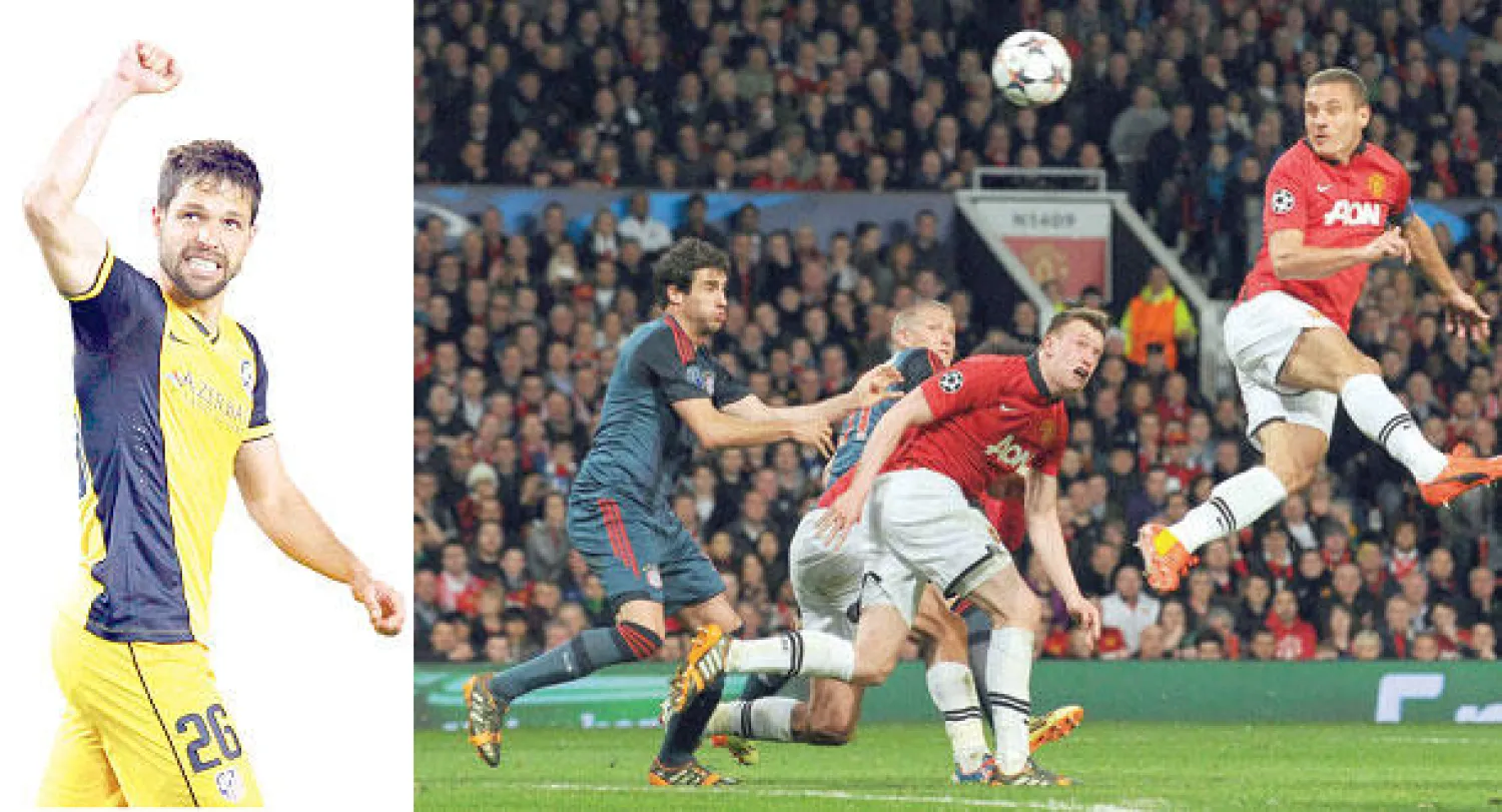 فيديتش مدافع مانشستر يونايتد (يمين) يقفز عاليا ليسجل برأسه في شباك بايرن ميونيخ (أ.ف. ب)  -  دييغو ريباس لاعب أتليتكو يحتفل بهدفه في مرمى برشلونة (رويترز)