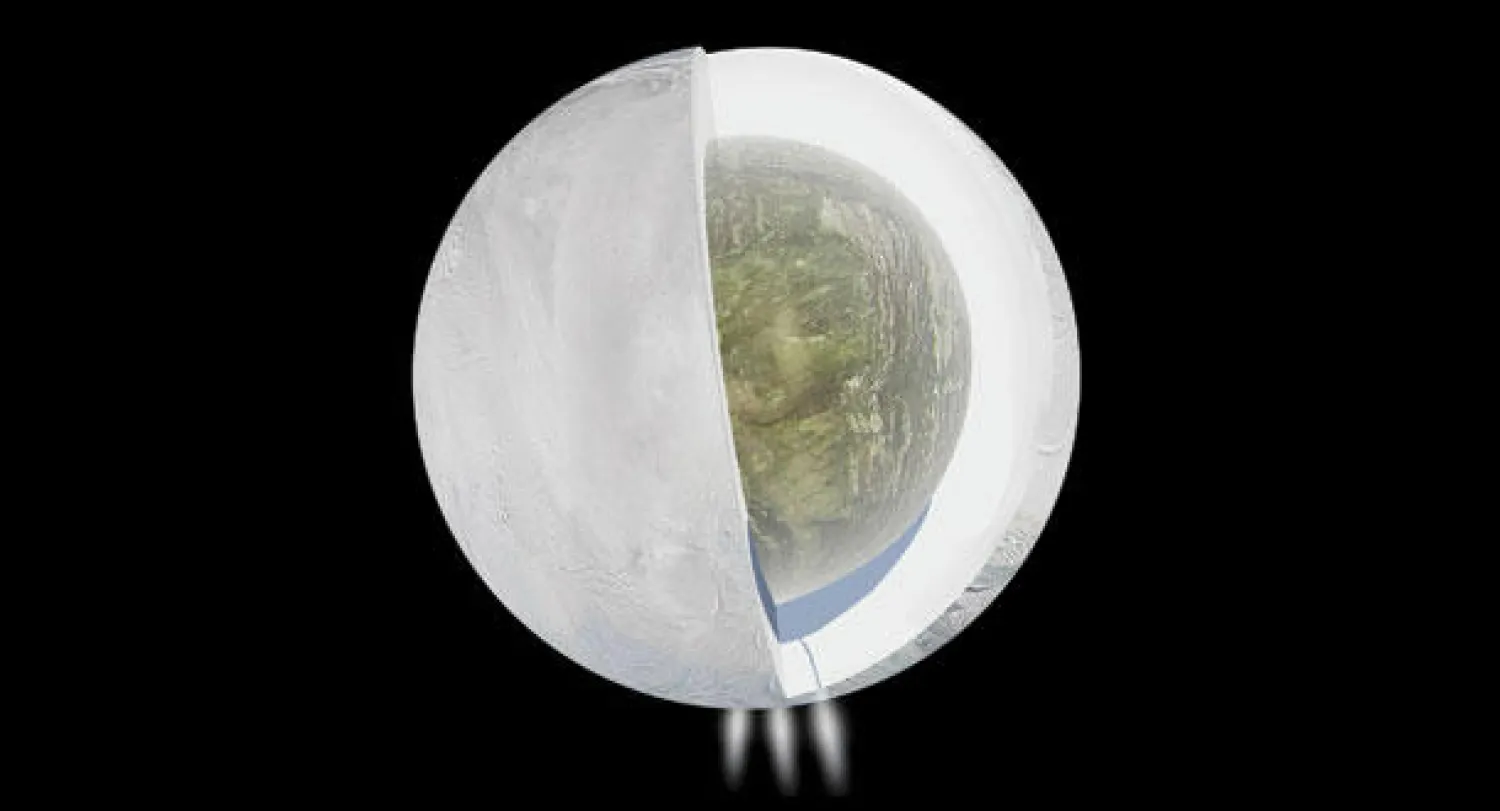 رسم تخطيطي بثته وكالة الفضاء الأميركية ناسا يشرح إمكانية وجود مياه جوفية في قمر انسلاديوس التابع لكوكب زحل (أ.ف.ب)