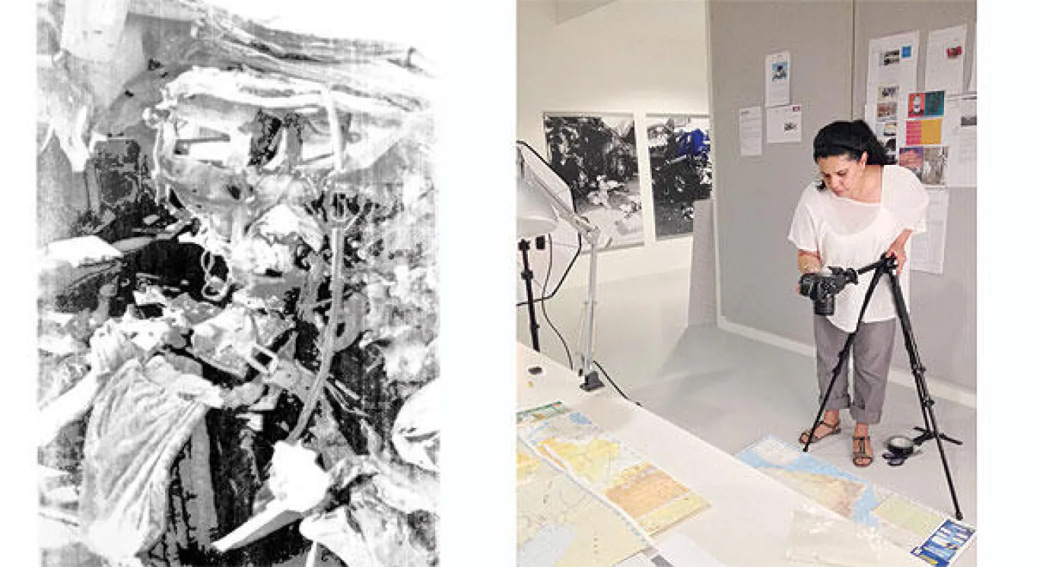 منال الضويان أثناء الإعداد للمعرض و من الأعمال المعروضة (منال الضويان - كوادرو غاليري)