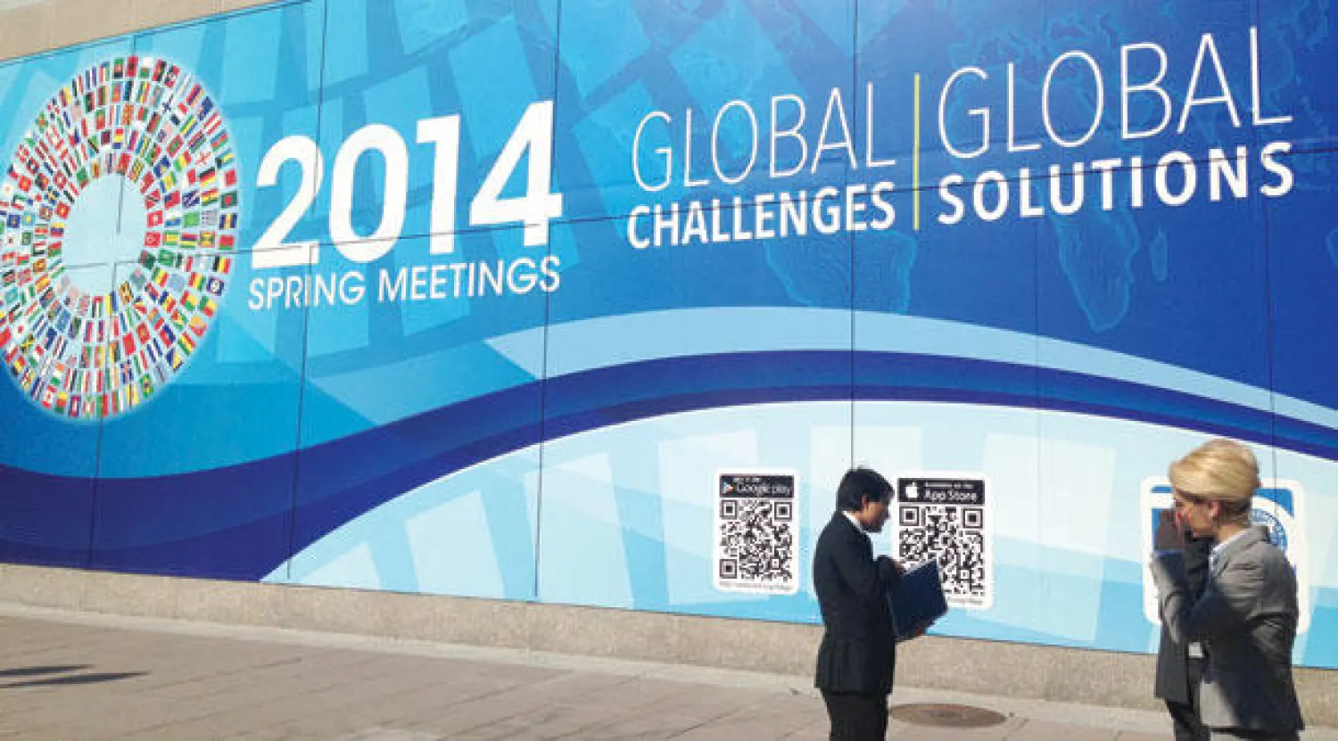 دشن صندوق النقد الدولي والبنك الدولي أمس اجتماعات الربيع السنوي في واشنطن بحضور العشرات من وزراء المالية ومحافظي البنوك المركزية في العالم («الشرق الأوسط»)