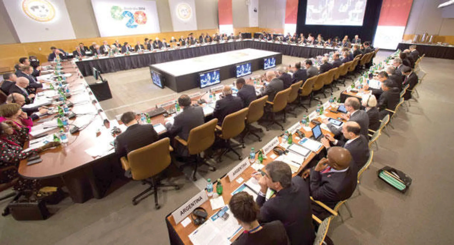 لقطة لوزراء المالية ومحافظي البنوك المركزية لمجموعة العشرين خلال اجتماعات الربيع في واشنطن (أ.ف.ب)