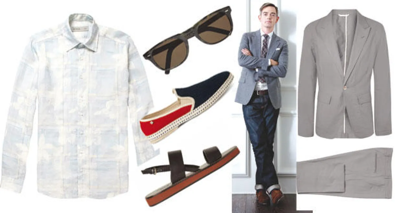بدلة خفيفة من الكتان من آن ديمولميستر Ann Demeulemeester  -  توبي بايتمان مدير قسم الشراء في مستر بورتر  -  نظارات شمسية من «كاتلر آند غروس» (Cutler and Gross)  - حذاء صيفي من «ريفيراز» (Rivieras)  -  صندل من «غوتشي» (Gucci) قميص من «إيترو» (Etro)